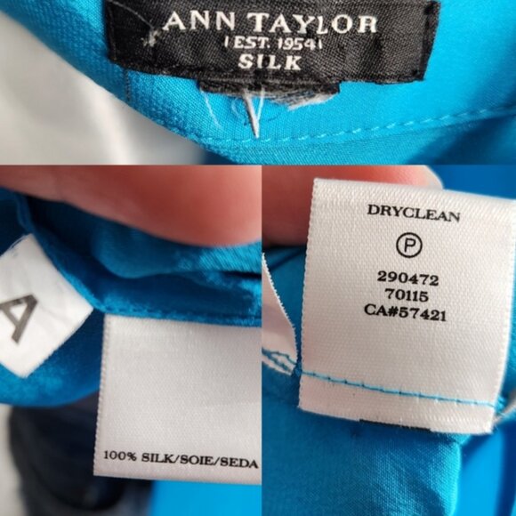 Ann Taylor Blue Silk Long Sleeve Button Down Roll Tab Blouse Size M - Picture 12 of 13
